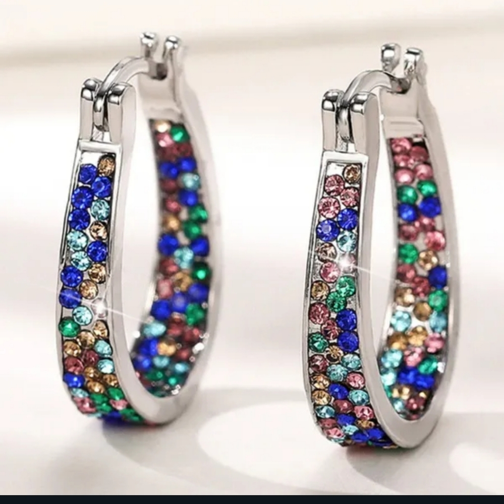 925 Silver Horseshoe Pave Setting Multicolored Jeweled Earrings